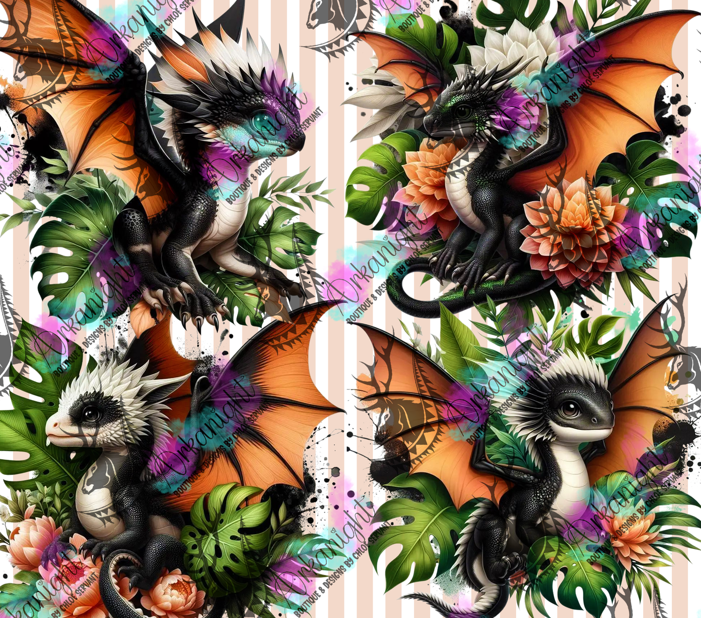 Numérique - Collection Monstera & Bébé Dragon- Noir , Blanc & Pêche