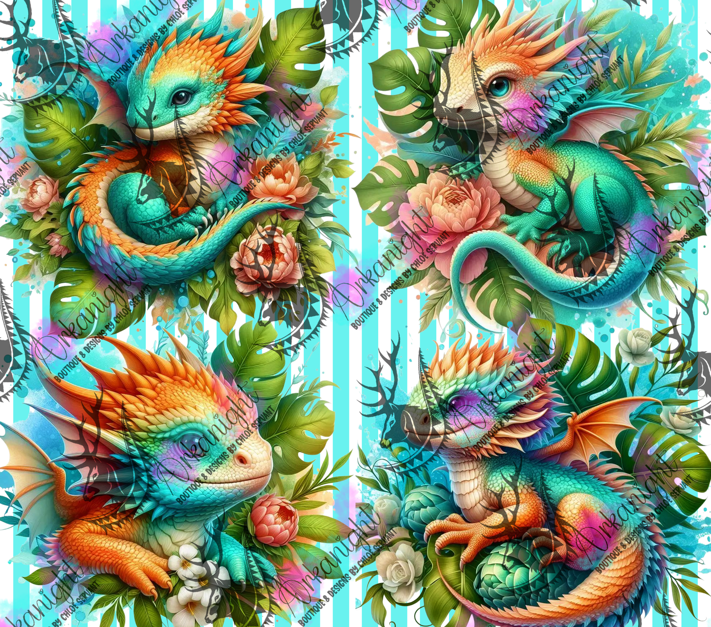 Numérique - Collection Monstera & Bébé Dragon- Turquoise & Pêche