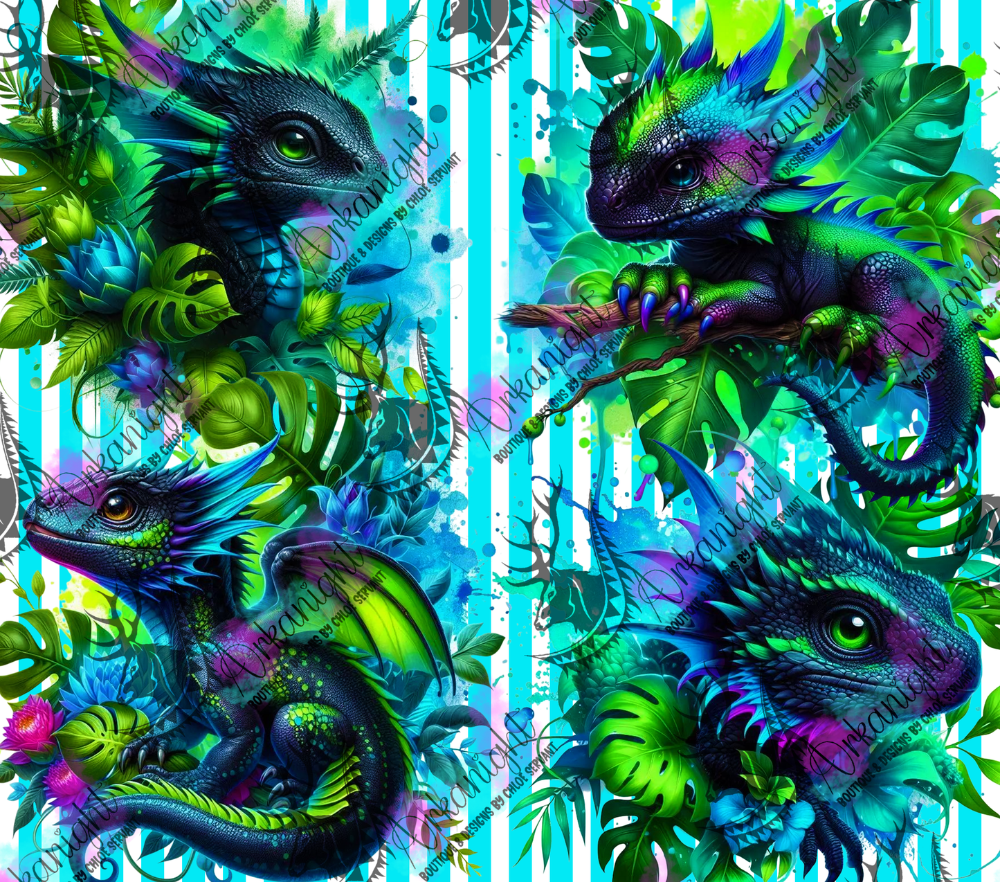 Numérique - Collection Monstera & Bébé Dragon- Noir, Bleu & Vert Neon