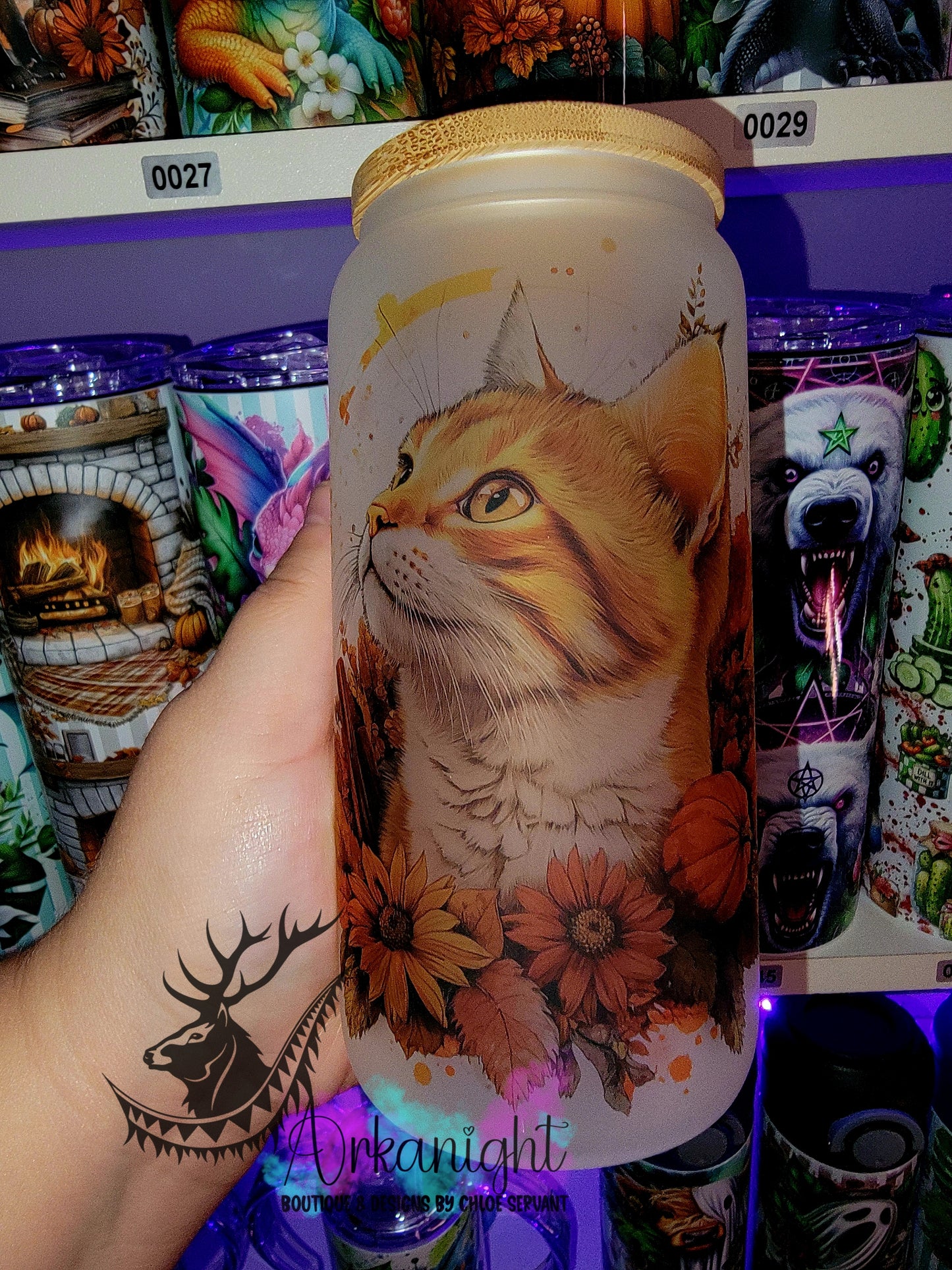 Verre en vitre givré 16oz & Couvercle en Bambou - Chat Roux D'automne