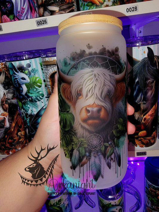 Verre en vitre givré 16oz & Couvercle en Bambou - Vache Highland Grise Boho