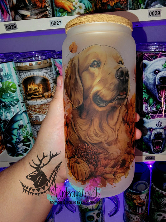 Verre en vitre givré 16oz & Couvercle en Bambou - Golden Retriever D'automne