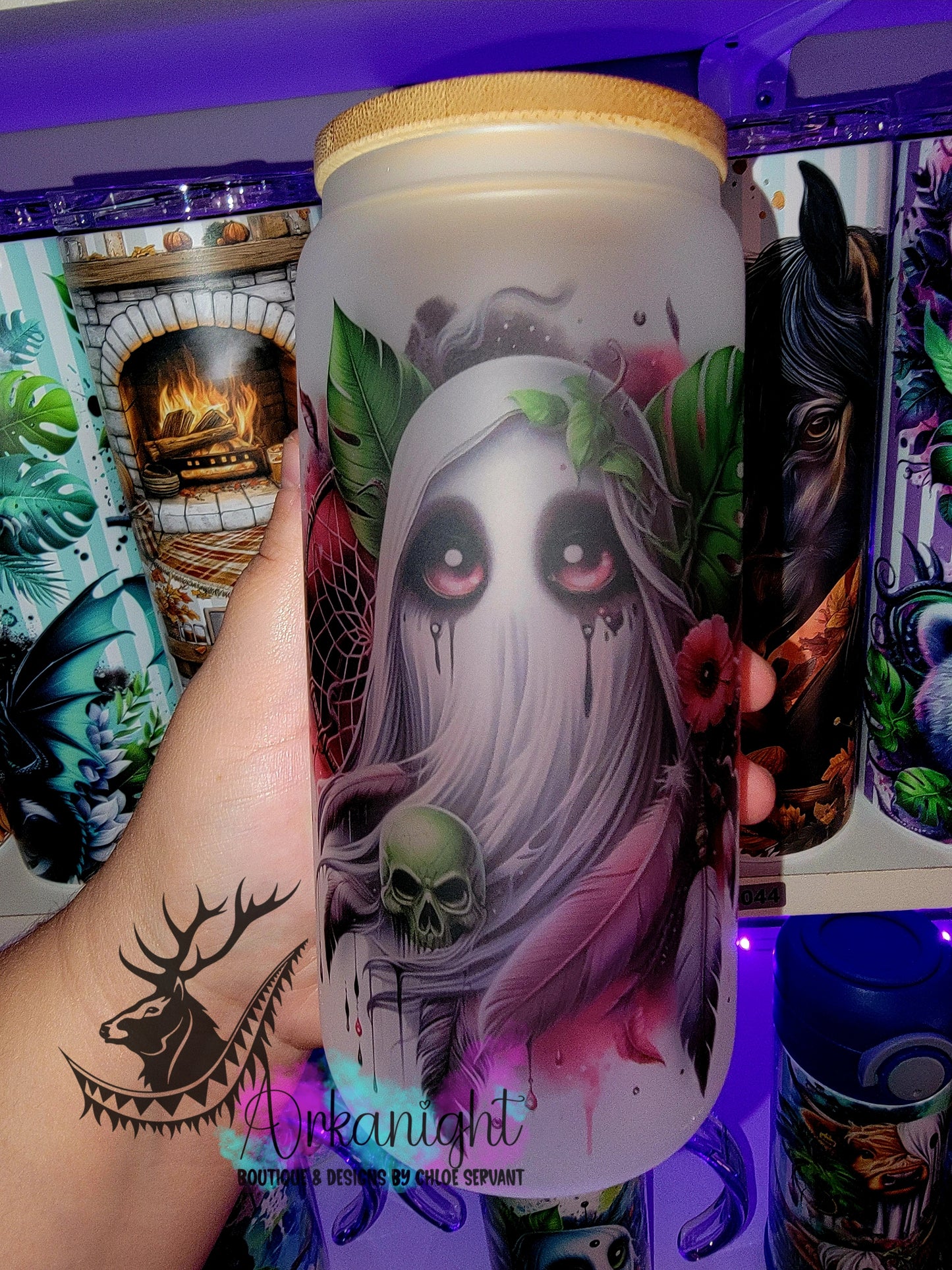 Verre en vitre givré 16oz & Couvercle en Bambou - Fantôme Rose