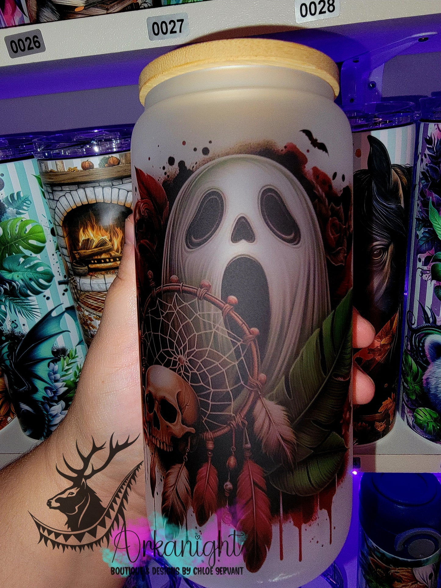 Verre en vitre givré 16oz & Couvercle en Bambou - Fantôme Rouge Bourgogne