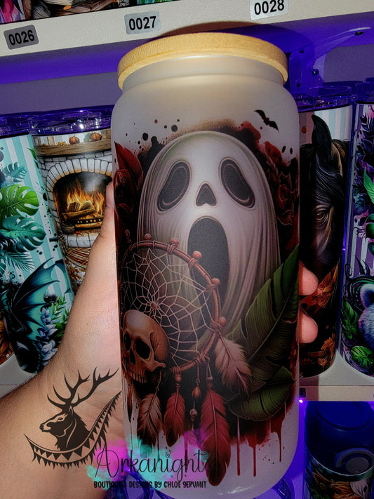 Verre en vitre givré 16oz & Couvercle en Bambou - Fantôme Rouge Bourgogne