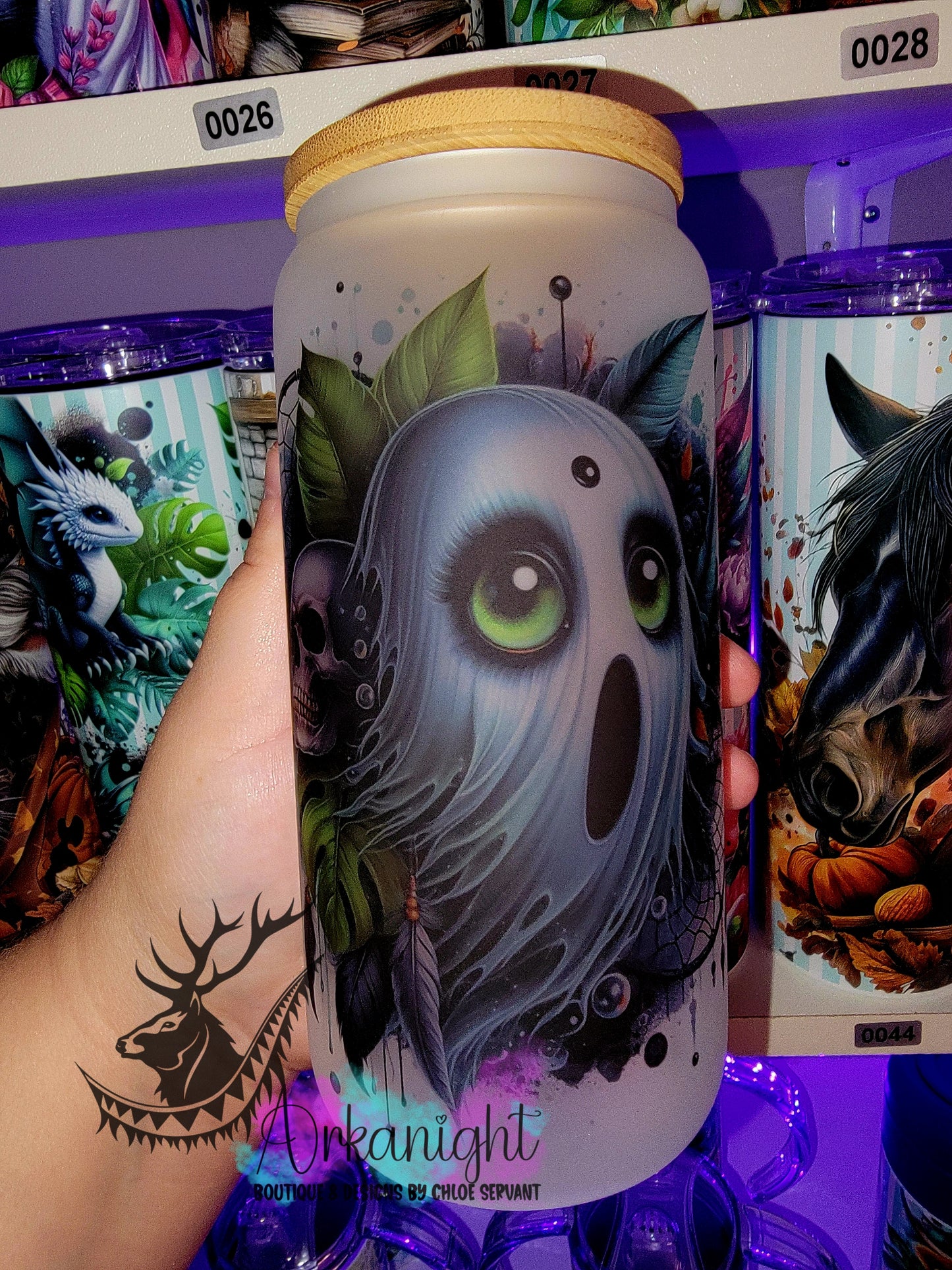 Verre en vitre givré 16oz & Couvercle en Bambou - Fantôme Bleu