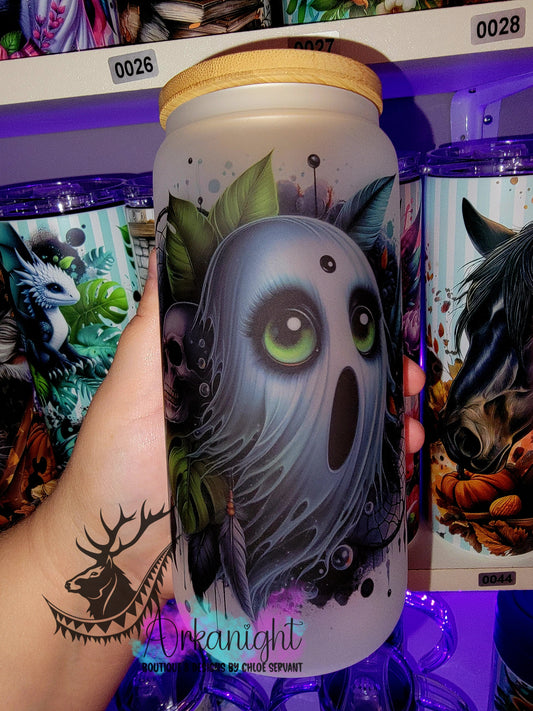 Verre en vitre givré 16oz & Couvercle en Bambou - Fantôme Bleu