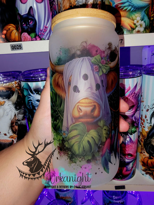 Verre en vitre givré 16oz & Couvercle en Bambou - Vache Fantôme