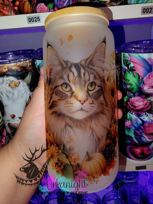 Verre en vitre givré 16oz & Couvercle en Bambou - Mainecoon Tigré