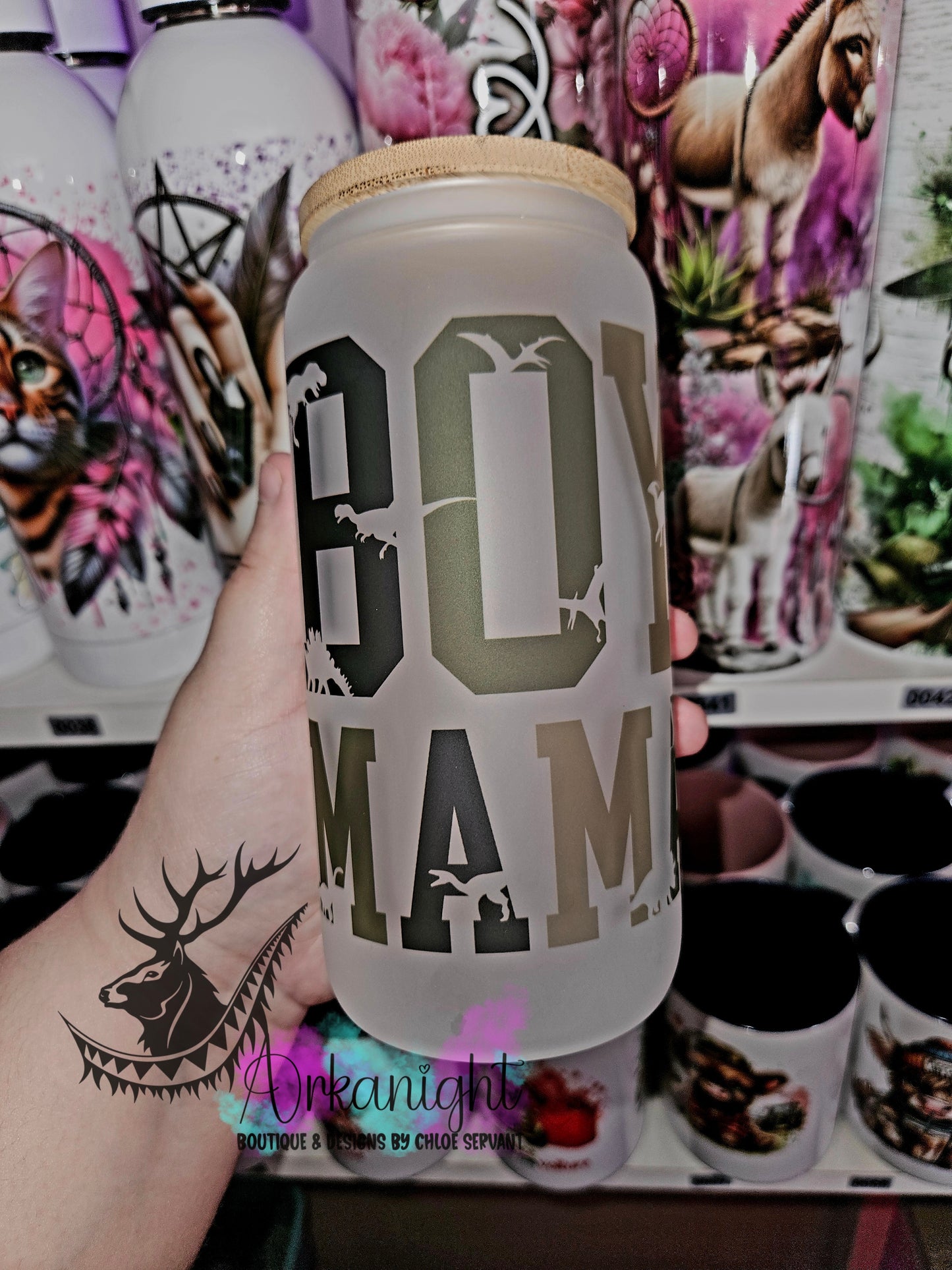 Verre en vitre givré 16oz & Couvercle en Bambou - Boy Mama Dino