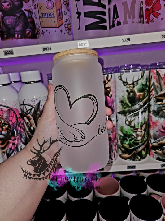 Verre en vitre givré 16oz & Couvercle en Bambou - Patte sur le coeur