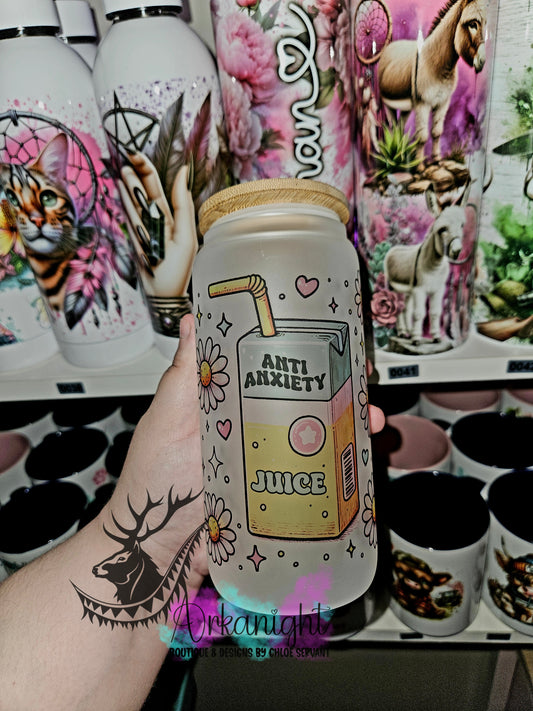 Verre en vitre givré 16oz & Couvercle en Bambou - Anti Anxiety Juice