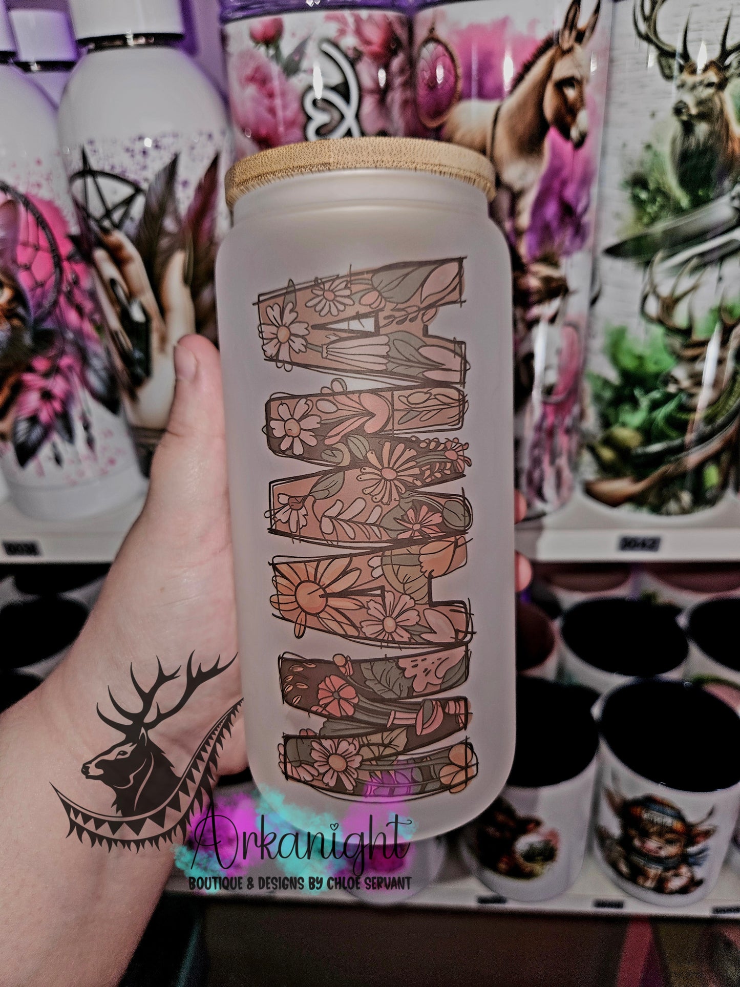 Verre en vitre givré 16oz & Couvercle en Bambou - Mama Fleuri Vintage