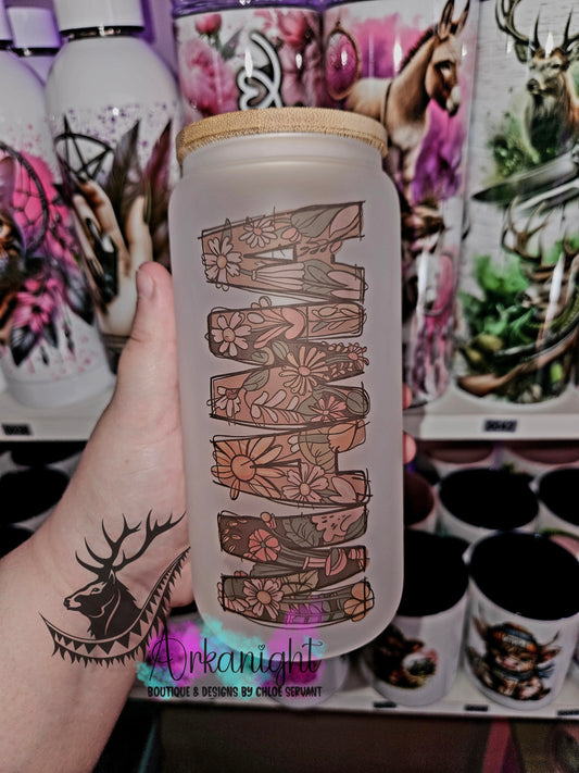 Verre en vitre givré 16oz & Couvercle en Bambou - Mama Fleuri Vintage