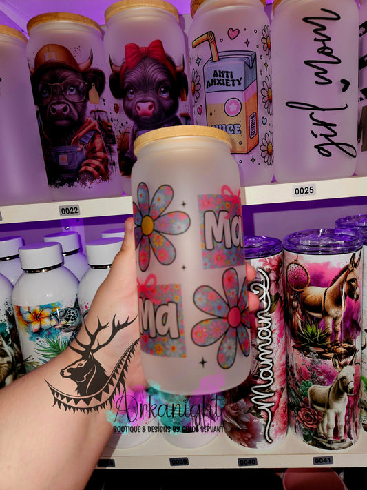 Verre en vitre givré 16oz & Couvercle en Bambou - Mama Turquoise & Rose Fleuri