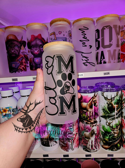 Verre en vitre givré 16oz & Couvercle en Bambou - Cat Mom