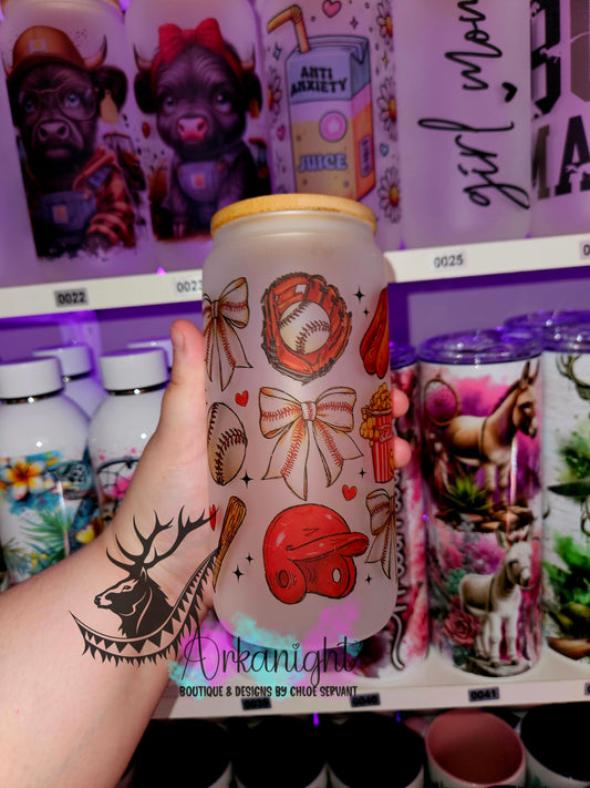 Verre en vitre givré 16oz & Couvercle en Bambou - Baseball