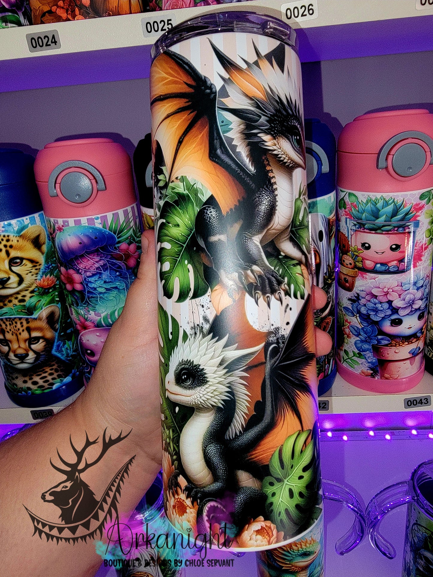 Gourde sur commande - Collection Monstera & Bébé Dragon - Noir, Pêche & Blanc