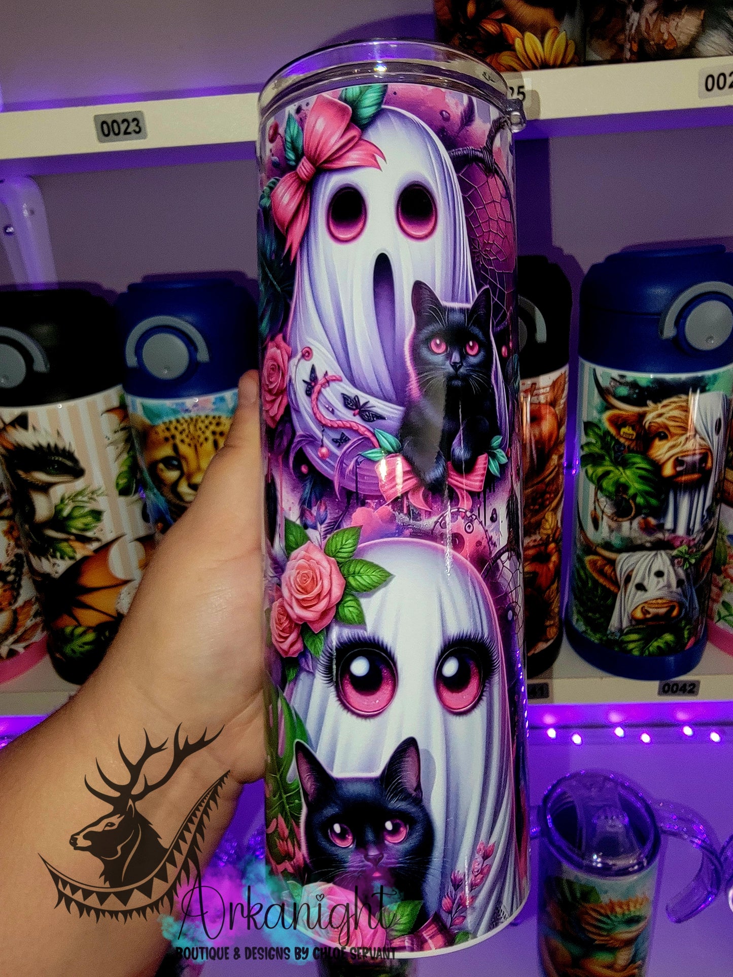 Gourde sur commande - Collection Monstera & Halloween 2025 - Cute Purple Ghost and Black Cat
