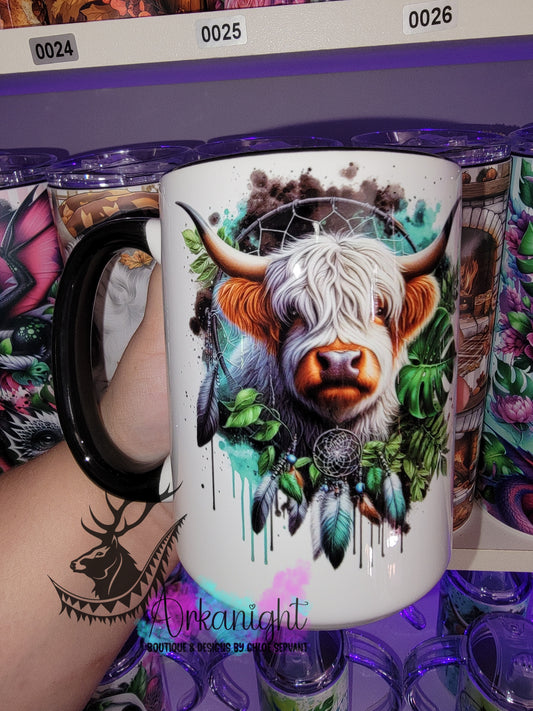 Tasse en céramique sur commande - Vache Highland Grise Boho