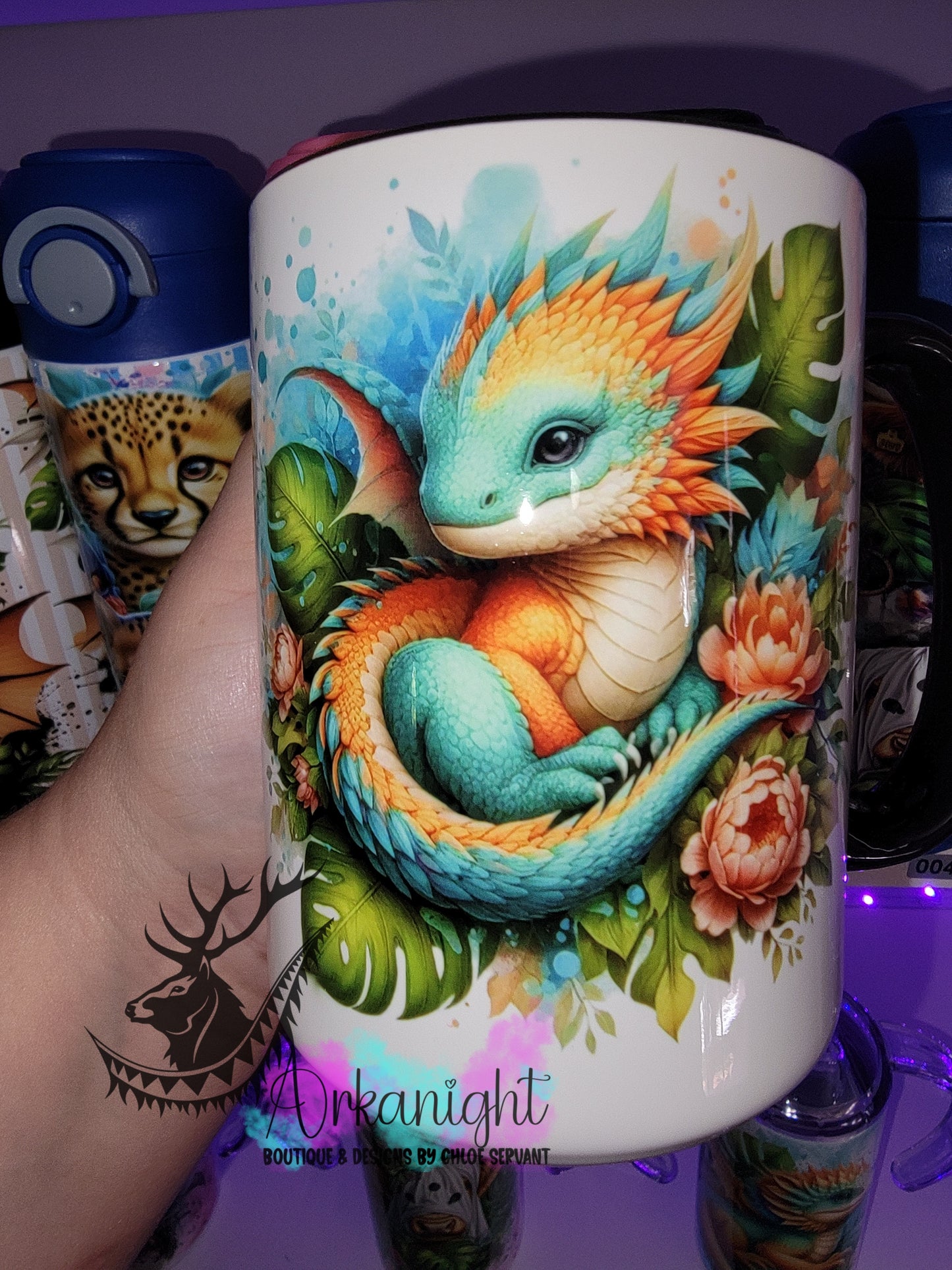 Tasse en céramique sur commande - Bébé Dragon - Turquoise & Orange 2.0