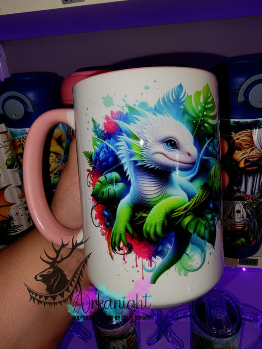 Tasse en céramique sur commande - Bébé Dragon Blanc, Vert & Turquoise