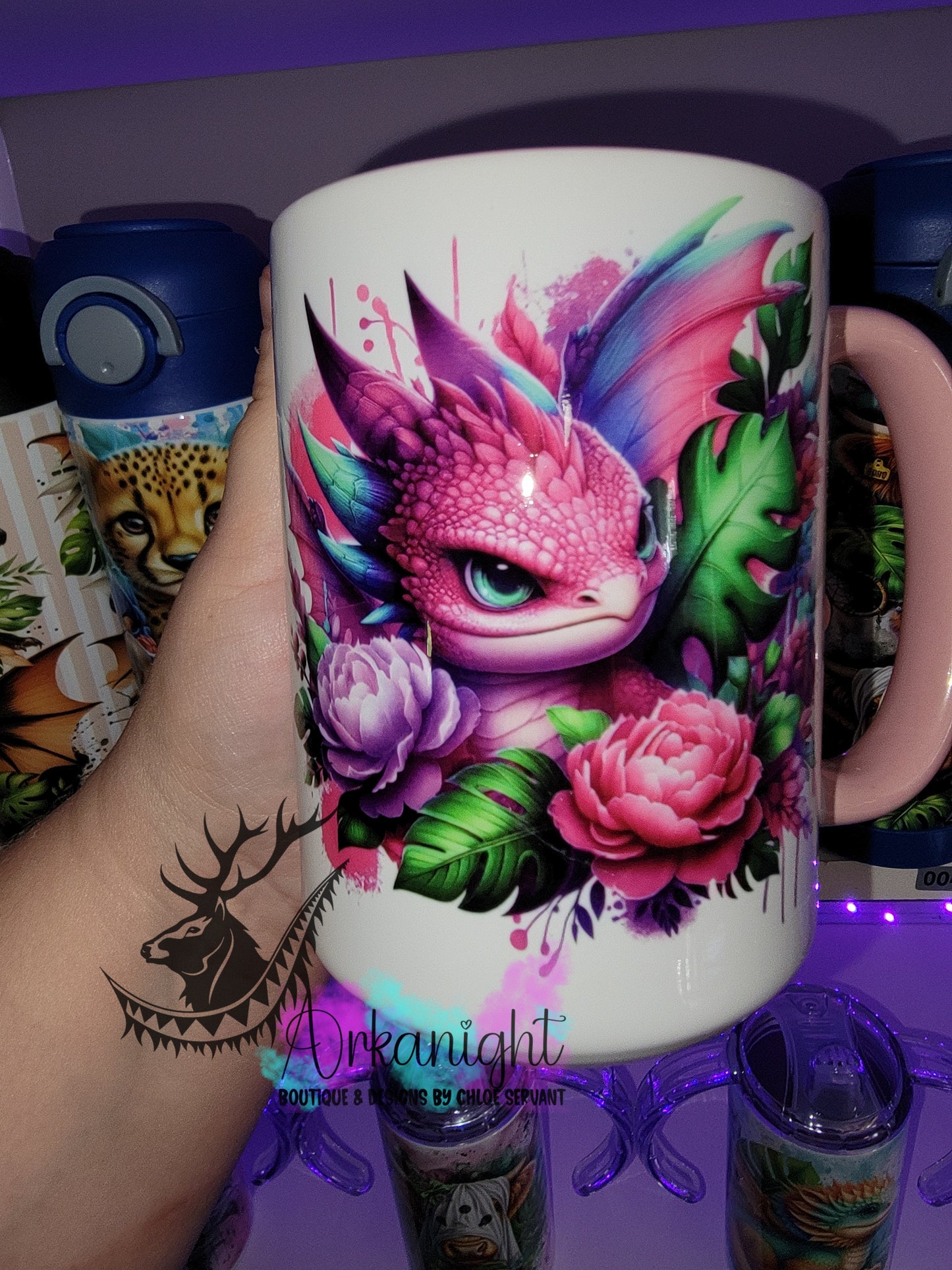 Tasse en céramique sur commande - Bébé Dragon Rose, Mauve & Turquoise