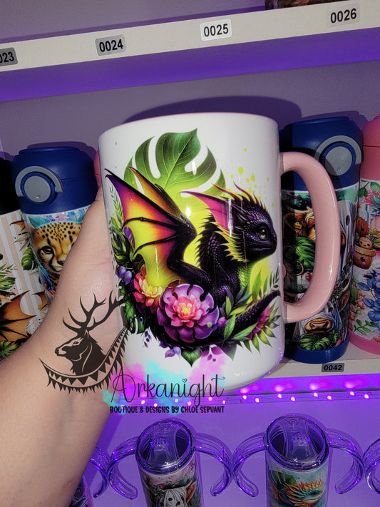 Tasse en céramique sur commande - Bébé Dragon Noir, jeune , Rose & Mauve 01