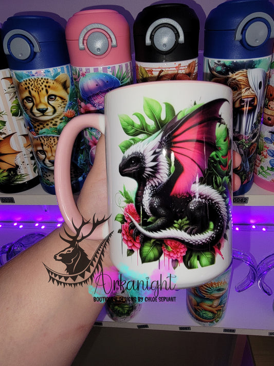 Tasse en céramique sur commande - Bébé Dragon Noir, Rose & Blanc