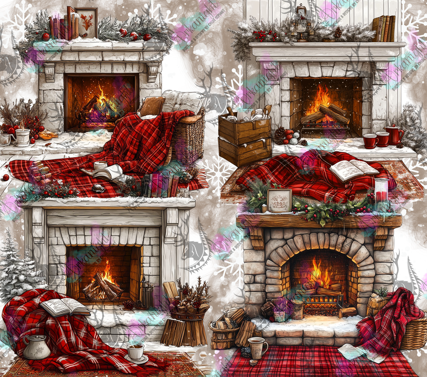 Numérique - Collection Hiver & Noël  2025 - Cheminée de Noël- Rouge