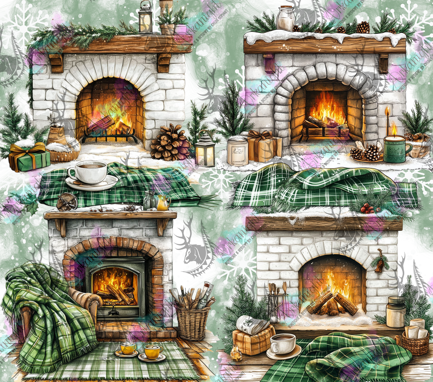 Numérique - Collection Hiver & Noël  2025 - Cheminée de Noël- Verte