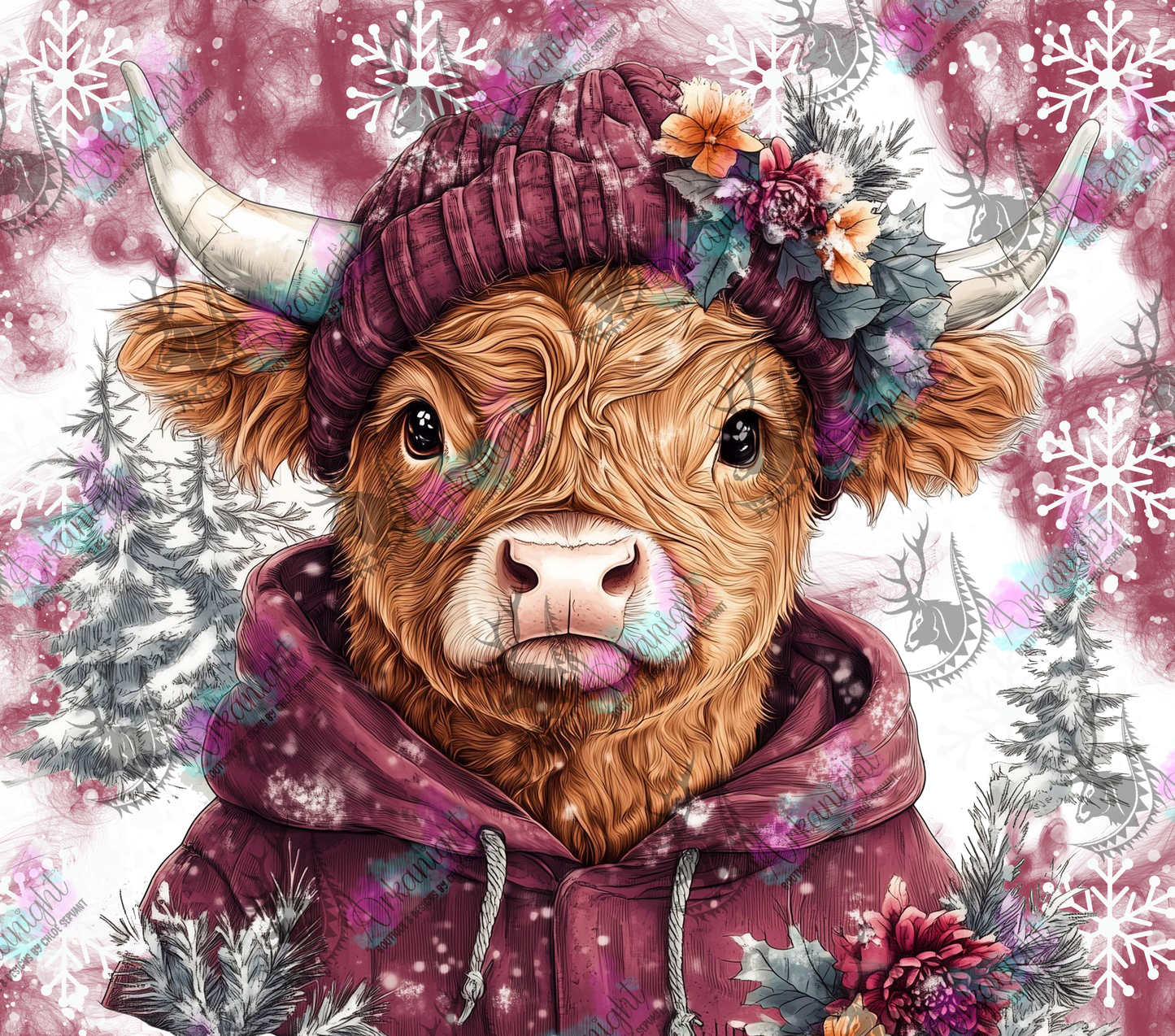 Numérique - Collection Hiver & Noël  2025 - Vache Highland Rousse - Bourgogne