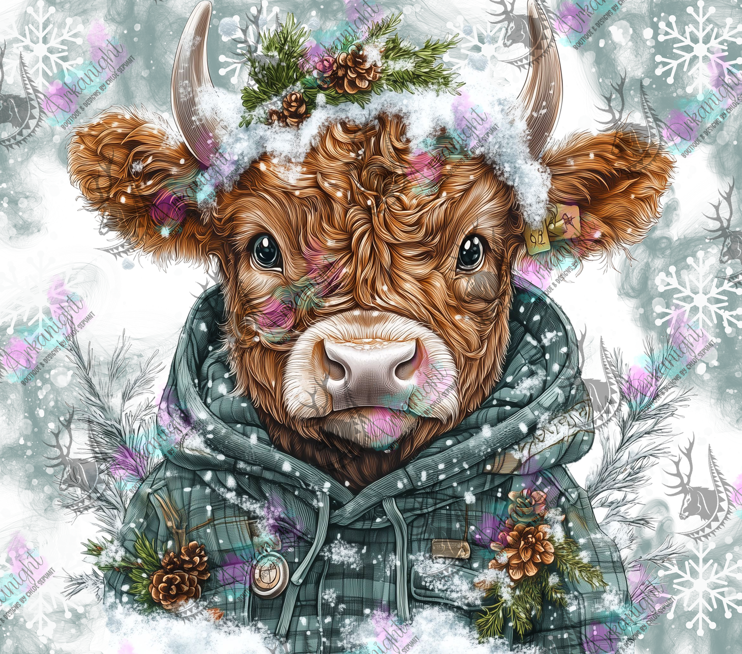 Numérique - Collection Hiver & Noël  2025 - Vache Highland Rousse - Verte
