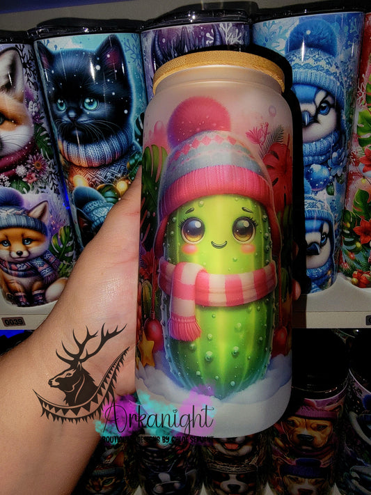 Verre en vitre givré 16oz & Couvercle en Bambou - Collection Hiver 2025 - Cornichons rose