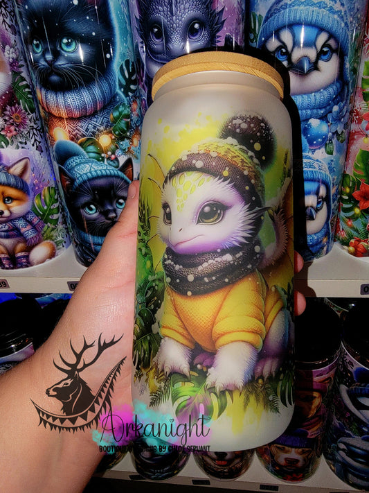 Verre en vitre givré 16oz & Couvercle en Bambou - Collection Hiver 2025 - Dragon Blanc & Jaune