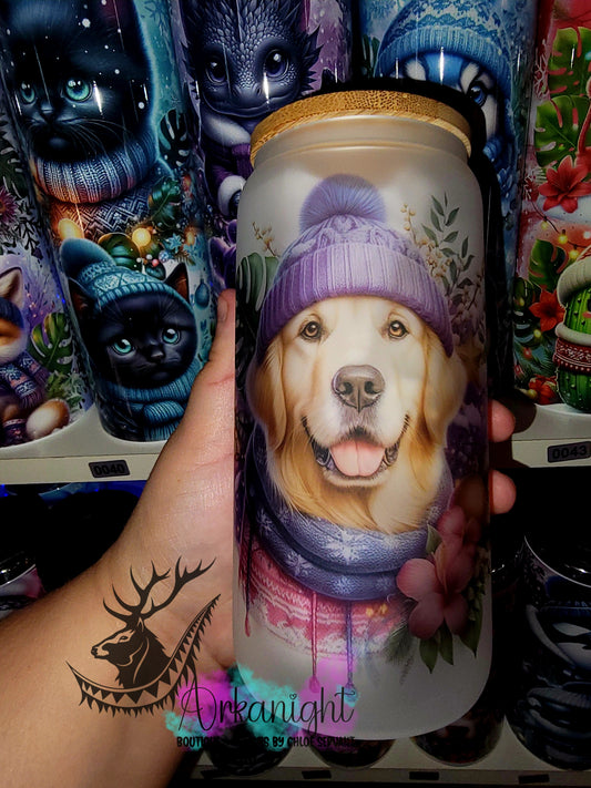 Verre en vitre givré 16oz & Couvercle en Bambou - Collection Hiver 2025 - Golden Retriever