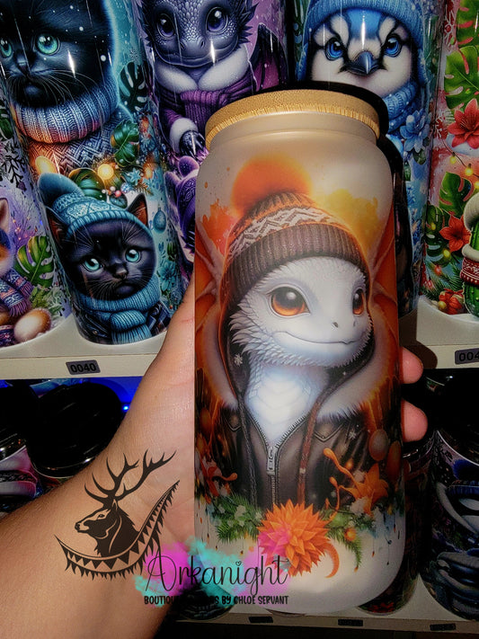 Verre en vitre givré 16oz & Couvercle en Bambou - Collection Hiver 2025 - Dragon Blanc & Orange