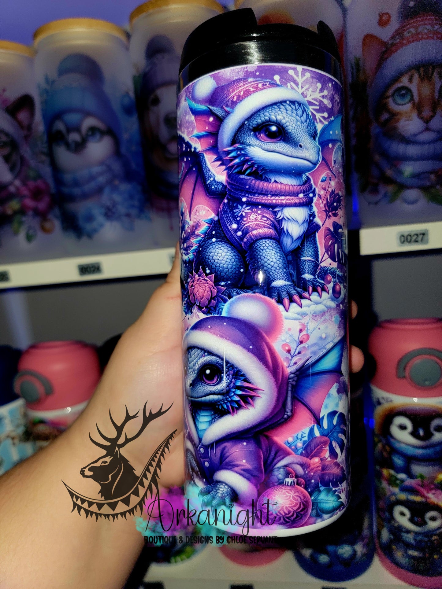 Gourde sur commande - Couvercle à café - 14 oz - Collection Hiver & Noël 2025 - Dragon Gris & Mauve