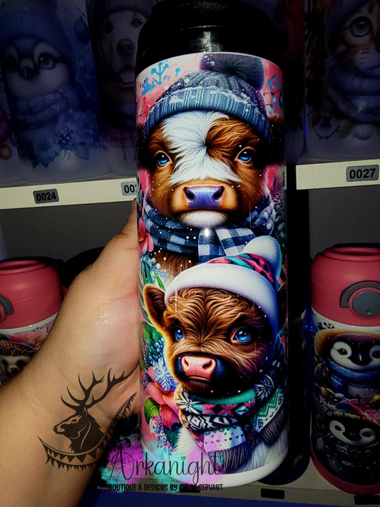 Gourde sur commande - Couvercle à café - 14 oz - Collection Hiver & Noël 2025 - Vache Brune & Blanche