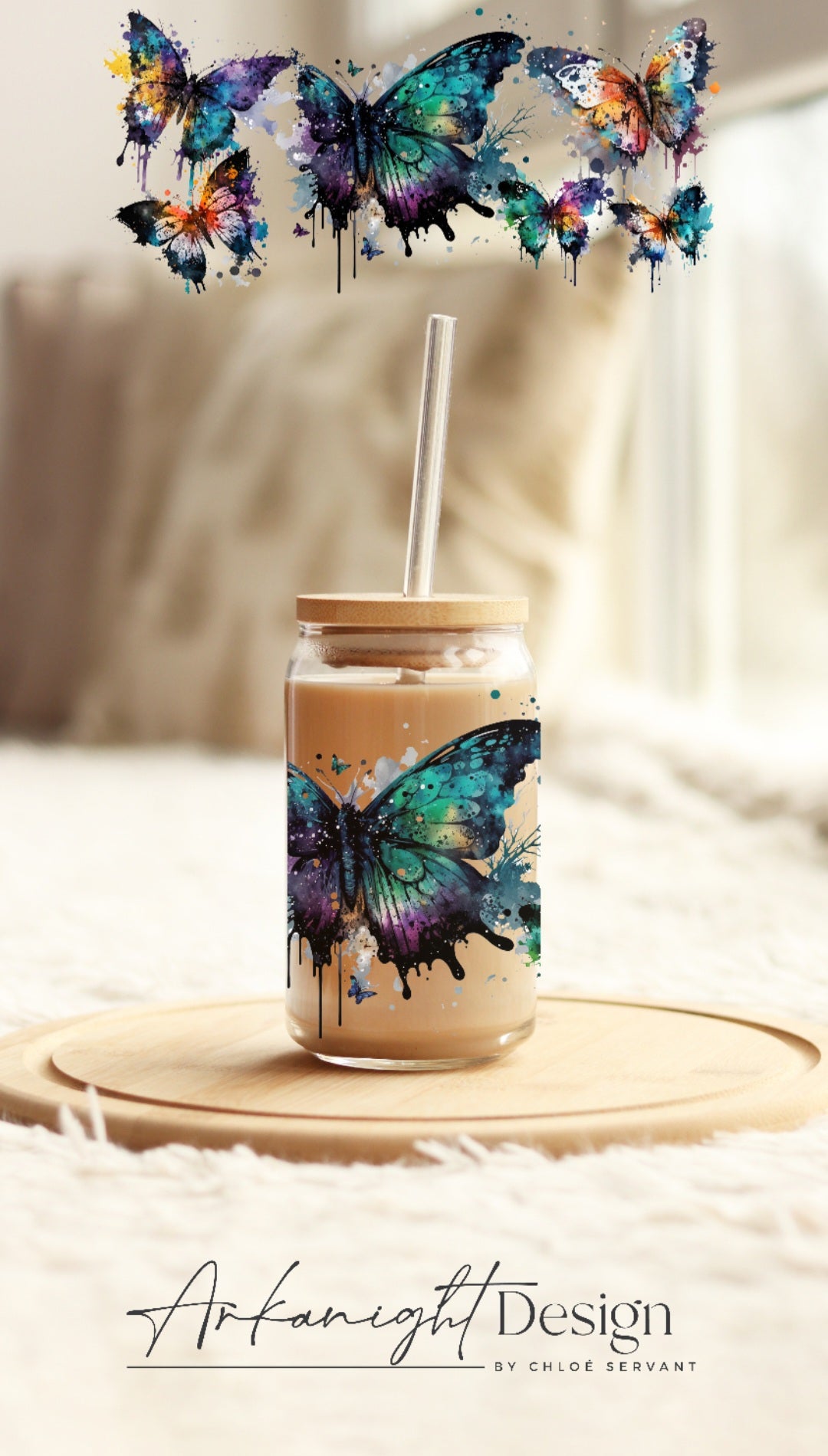 0182-UV DTF - 16 oz libbey glass - watercolor butterfly