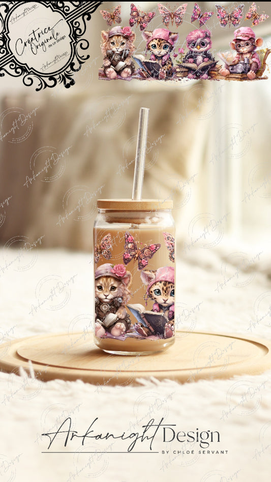 0148 -UV DTF - 16 oz libbey glass - Pink Steampunk Animals