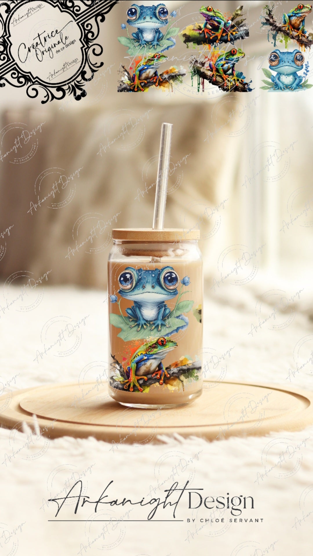 0258 -UV DTF - 16 oz libbey glass - Colorful Frog