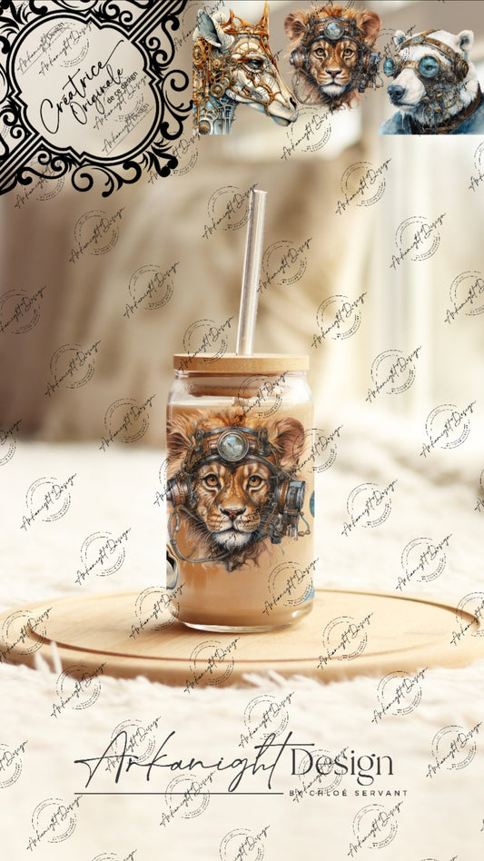 0132 -UV DTF - 16 oz libbey glass - Lion - Giraffe - Polar bear - Steampunk