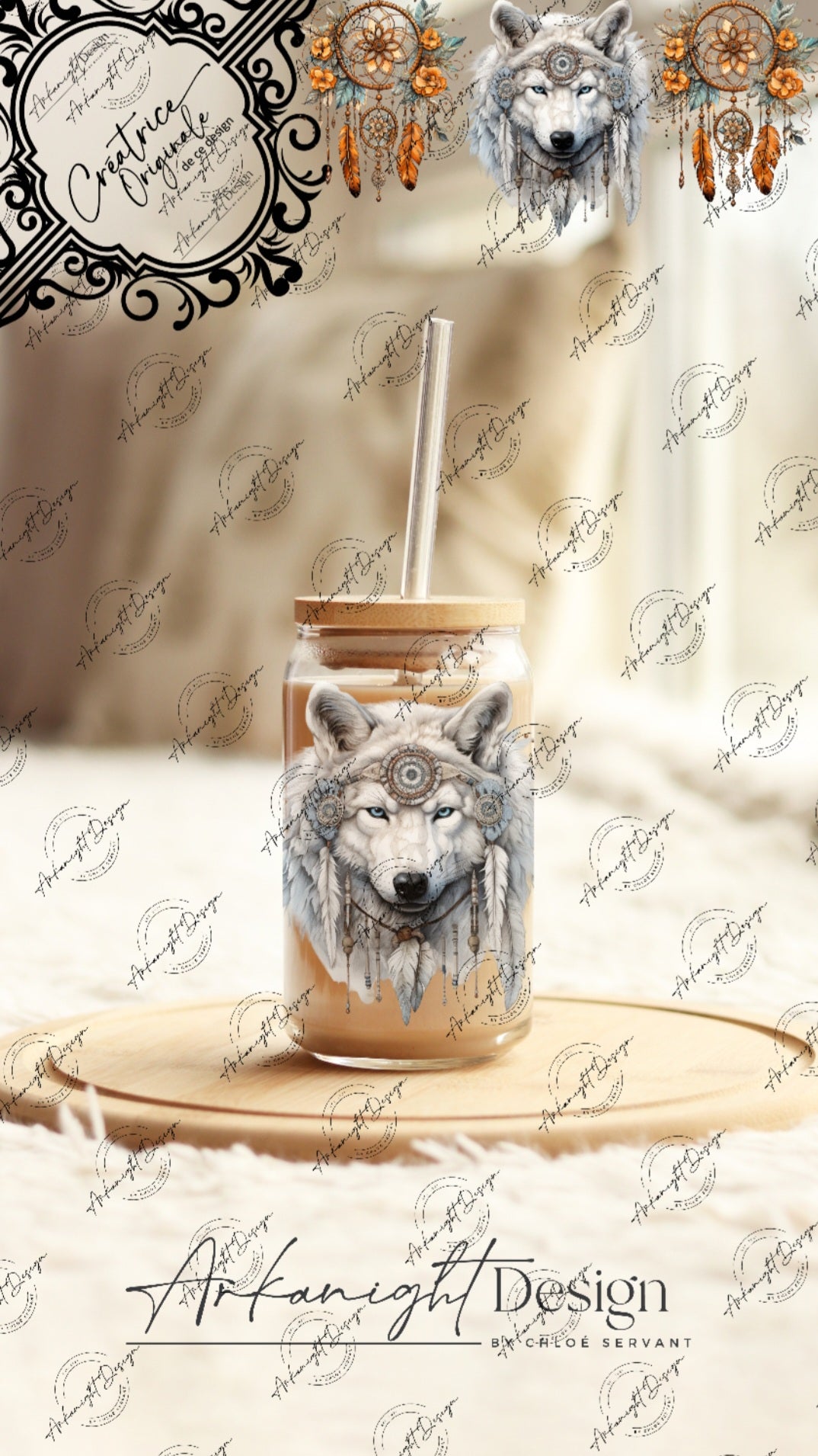 0183 -UV DTF - 16 oz libbey glass - White Dreamcatcher Wolf