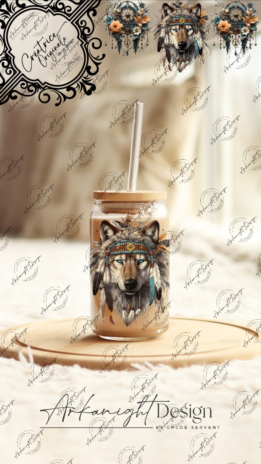 0105 -UV DTF - 16 oz libbey glass - Dreamcatcher Wolf