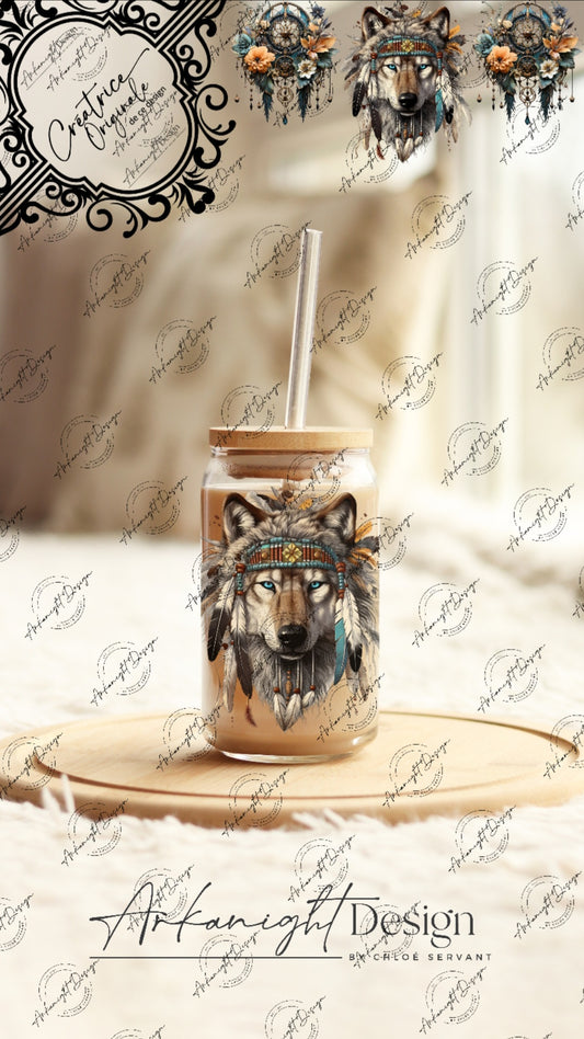 0105 -UV DTF - 16 oz libbey glass - Dreamcatcher Wolf