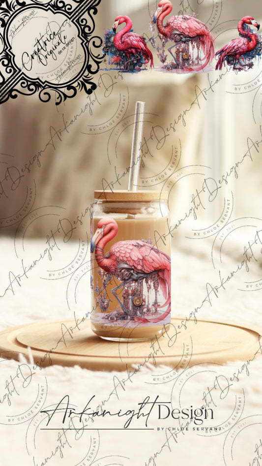 0244 -UV DTF - 16 oz libbey glass - Pink Steampunk Flamingo