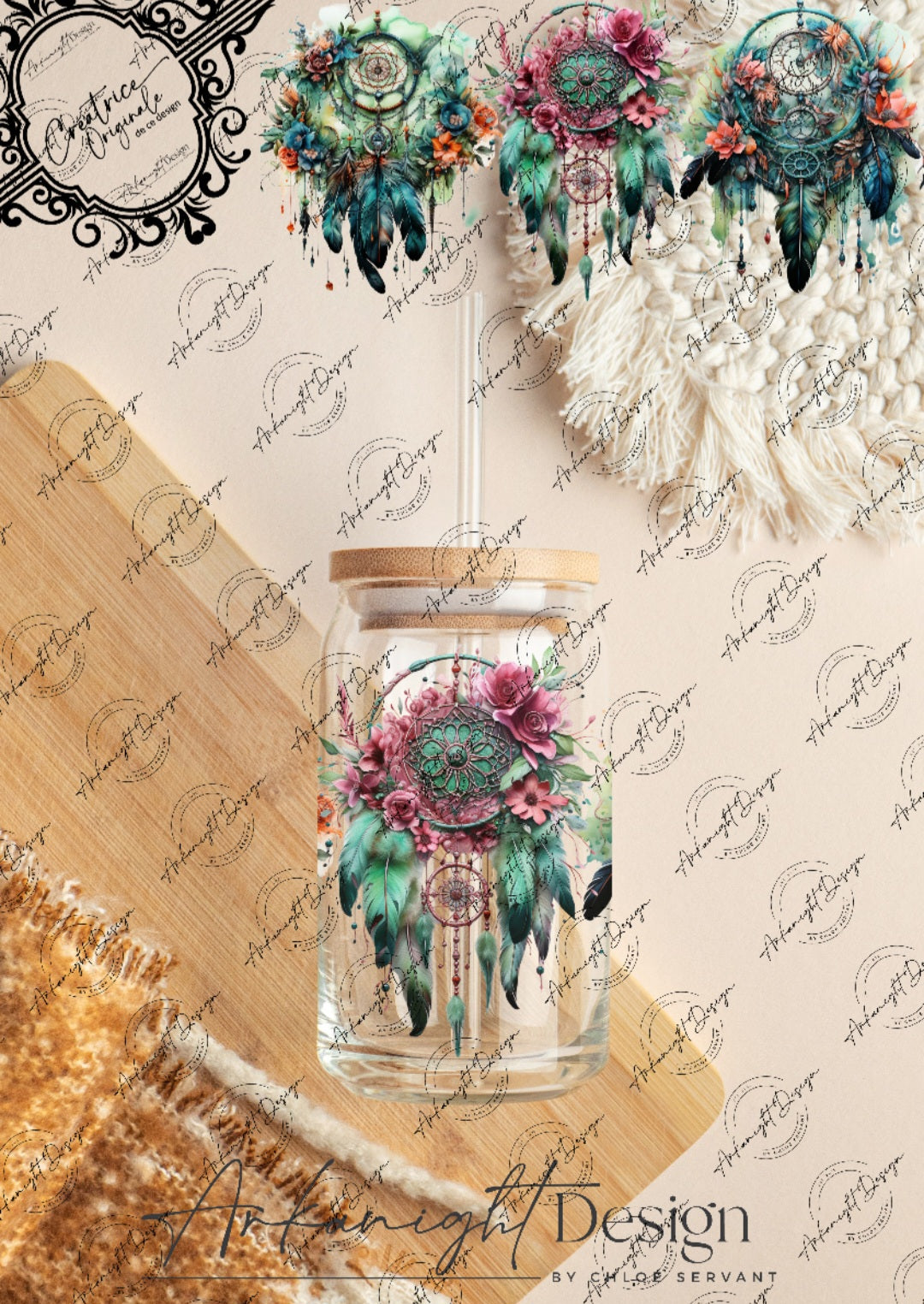 0272 -UV DTF - 16 oz libbey glass - Boho Dreamcatcher