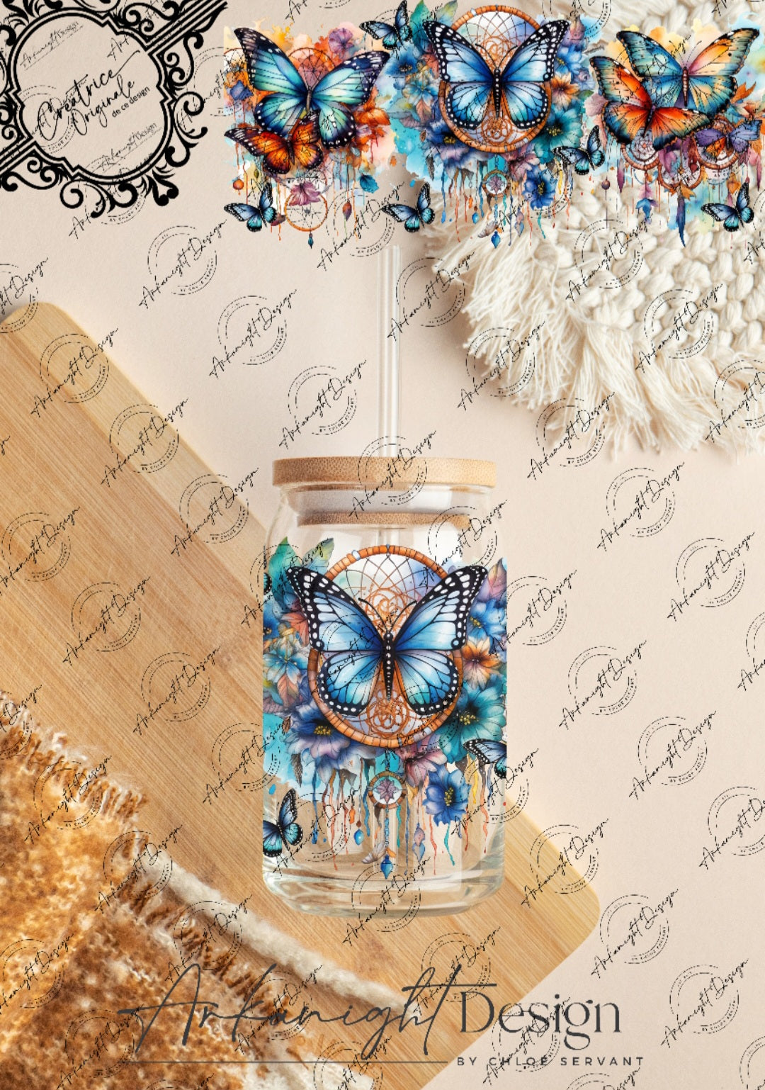 0269 -UV DTF - 16 oz libbey glass - Watercolor Boho Butterfly