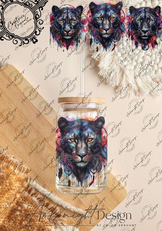 0293 -UV DTF - 16 oz libbey glass - Watercolor Boho Black Panther